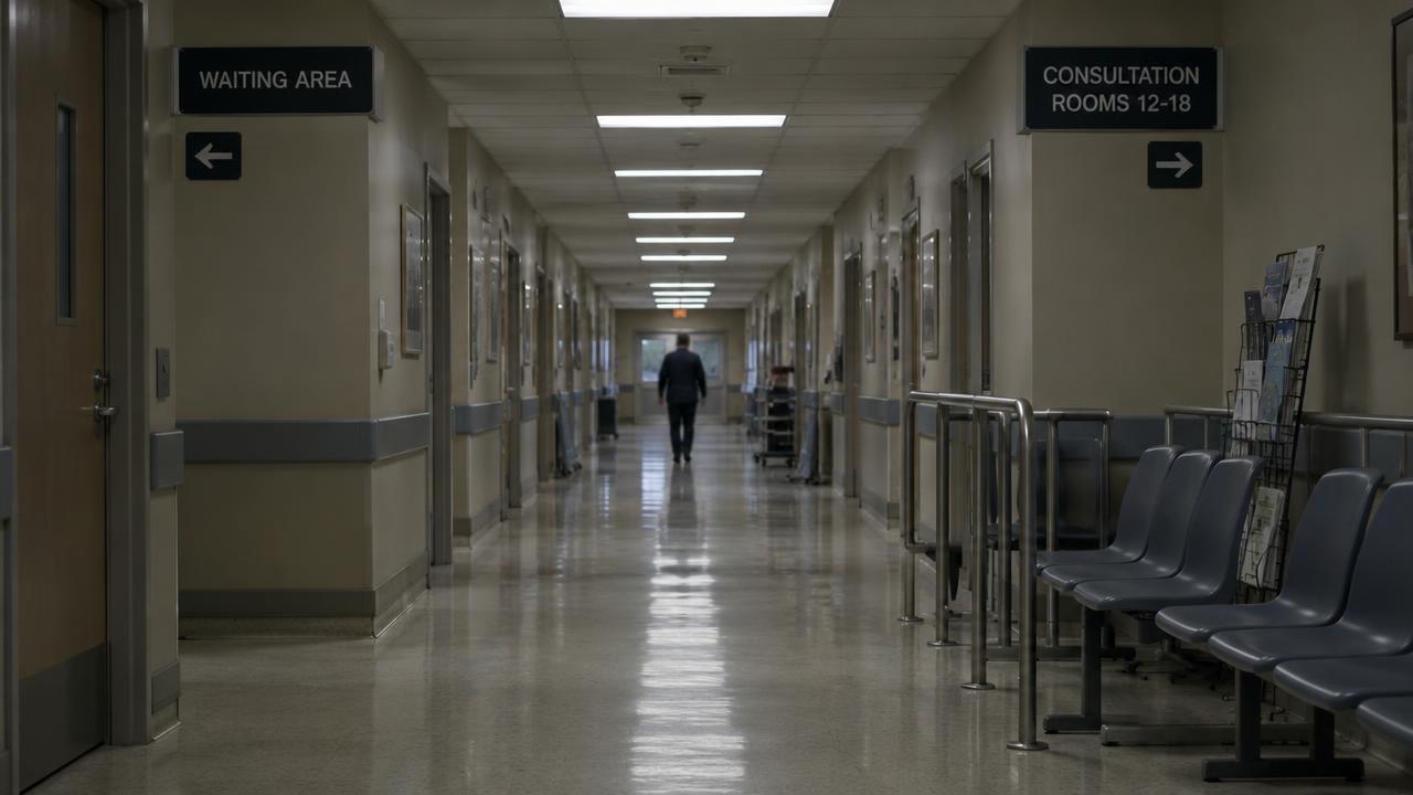 A long, dimly lit hospital corridor with rows of empty waiting chairs and a lone figure walking away in the distance