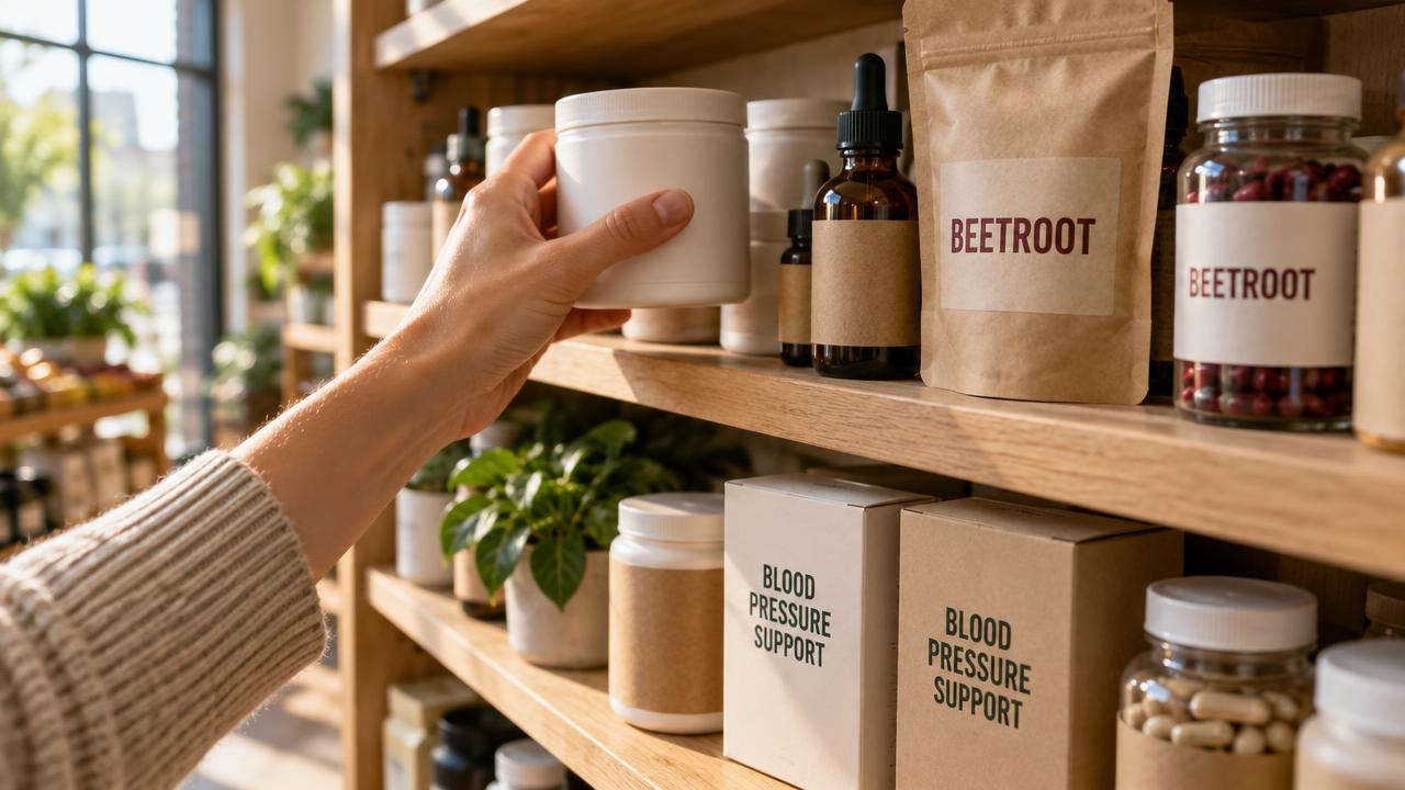 A shopper's hand reaching for a supplement jar on a wooden shelf stocked with beetroot extract, beetroot powder and blood pressure support boxes in a natural foods store