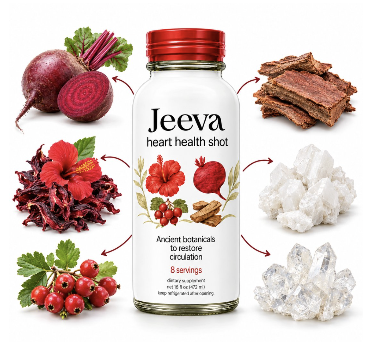 Jeeva heart health shot bottle surrounded by beetroot, hibiscus, hawthorn berries, arjuna bark and mineral crystals with arrows pointing into the bottle