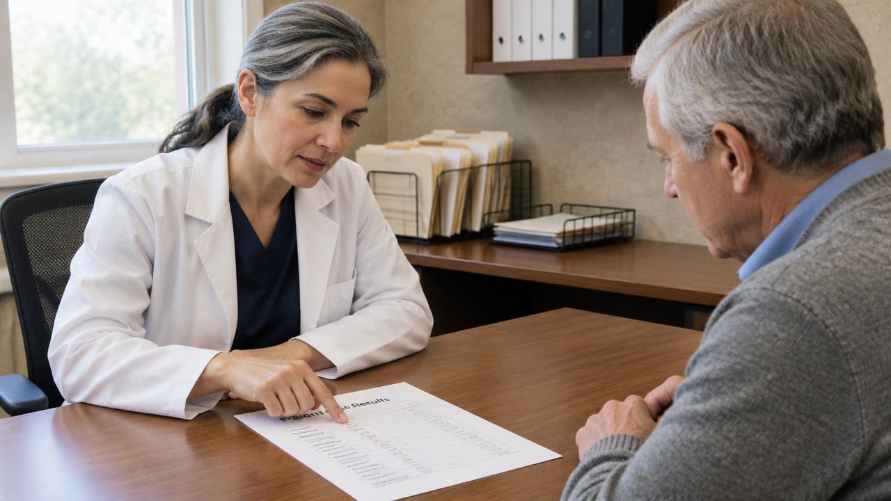 A doctor in a white coat leans over a desk pointing to a patient's lab results while an older patient looks on