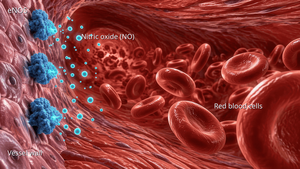 Medical illustration inside a blood vessel: wall-embedded eNOS releases cyan nitric oxide; amber free radicals attack it, production stops, the vessel narrows and red blood cells slow. Structures are labeled directly.